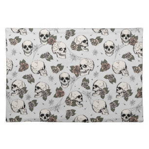 Light Grey Gothic Skulls and Roses Halloween Cloth Placemat