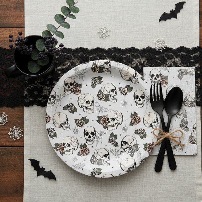 Light Grey Gothic Skulls and Roses Halloween Paper Plates (Elegant Floral Skulls Halloween Bridal Shower Paper Plates in Light Gray. Skull, Roses, Webs Pattern)