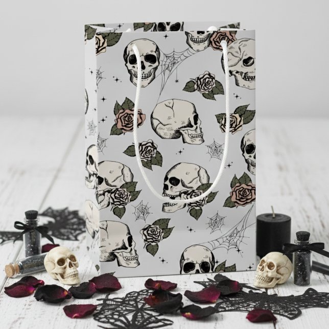 Light Grey Gothic Skulls and Roses Halloween Small Gift Bag (Chic Light Gray Floral Skulls Hallowedding Gift Bags for Her. Spooky Gothic Halloween Skull Pattern)
