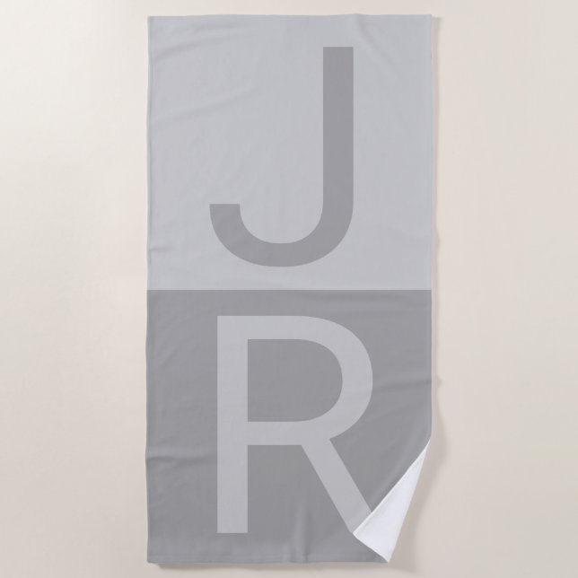 Light Grey & Grey Modern Initials Monogram Beach Towel (Front)