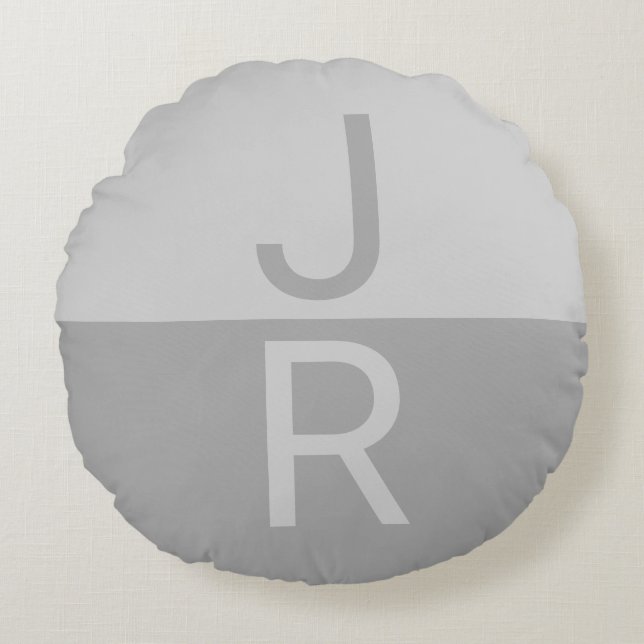 Light Grey & Grey Modern Initials Monogram Round Pillow (Front)
