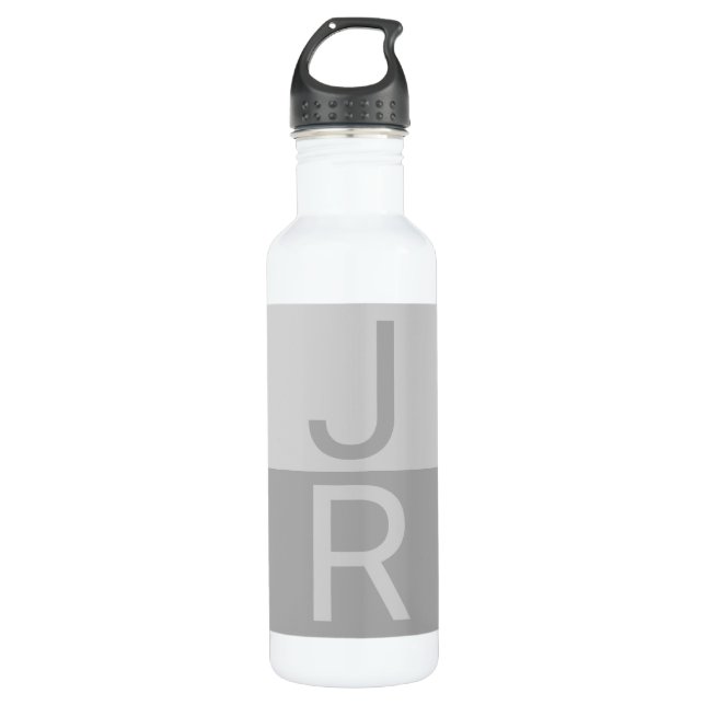 Light Grey & Grey Modern Initials Monogram Stainless Steel Water Bottle (Front)