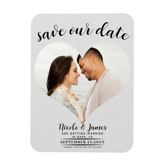 Light Grey Heart Photo Wedding Save the Date Magnet (Vertical)