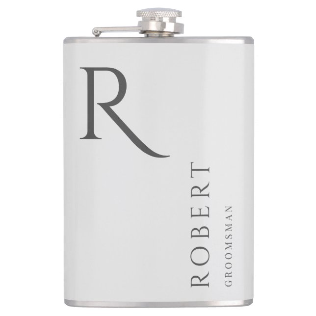 Light Grey Masculine Monogram Groomsmen Gift Flask (Front)