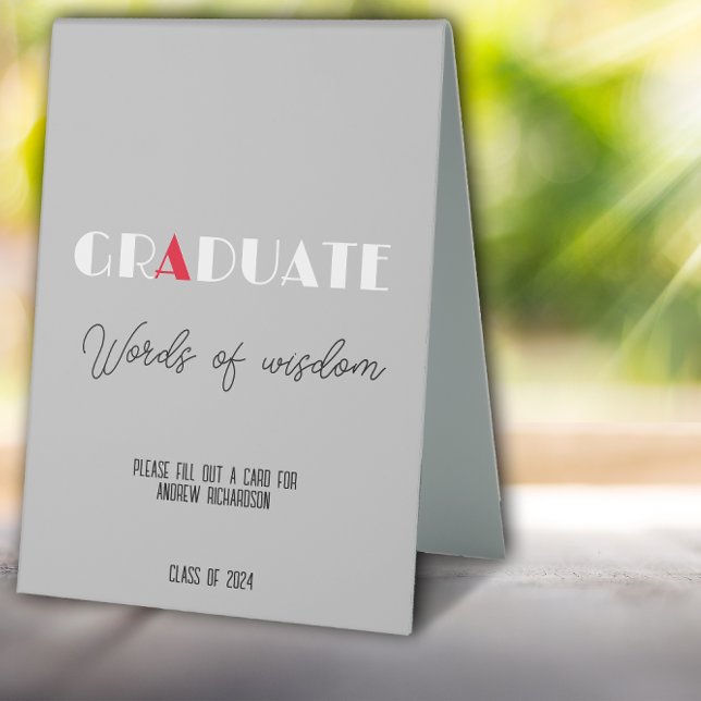 Light grey minimalist white red graduation name table tent (Creator Uploaded)