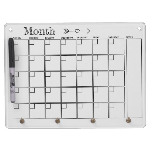 Light Grey Monthly Calendar Dry Erase Board With Keychain Holder