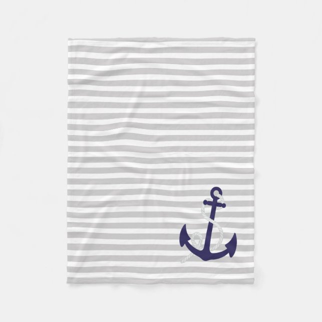 Light Grey Nautical Stripes with Navy Blue Anchor Fleece Blanket (Front)