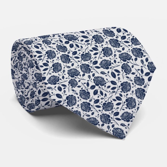 Light Grey Navy Blue Floral Wedding, Professional Neck Tie (Rolled)