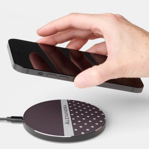 Light Grey on Dusty Plum Polka Dots with Your Name Wireless Charger