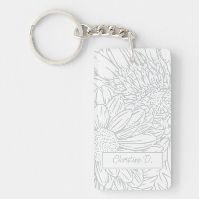 Light Grey on White Chrysanthemums with Photo Keychain (Front)