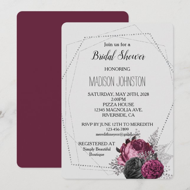 Light Grey Silver Burgundy Floral Bridal Shower Invitation (Front/Back)