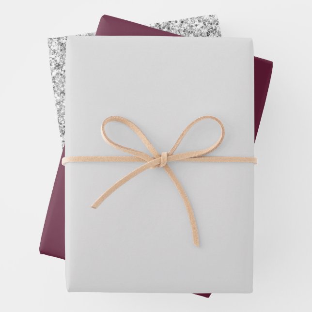 Light Grey Silver Glitter Burgundy Bridal Shower Wrapping Paper Sheets (In situ)