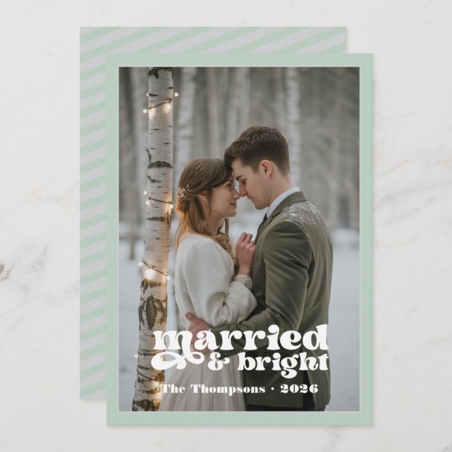 Light Grey & Silver Green Newlyweds Christmas Holiday Card (Front/Back)