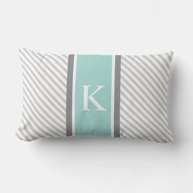 Light Grey Stripes & Mint Green Monogram Lumbar Pillow (Front)