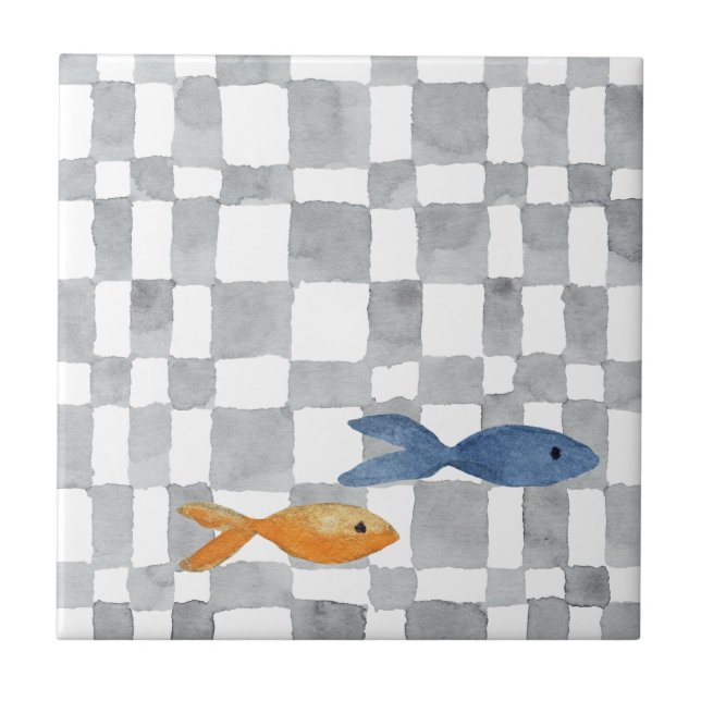 Light Grey Watercolour Checks Fish Ceramic Tile (Front)