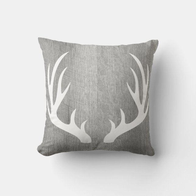 Light Grey Wood White Deer Antlers Throw Pillow (Front)