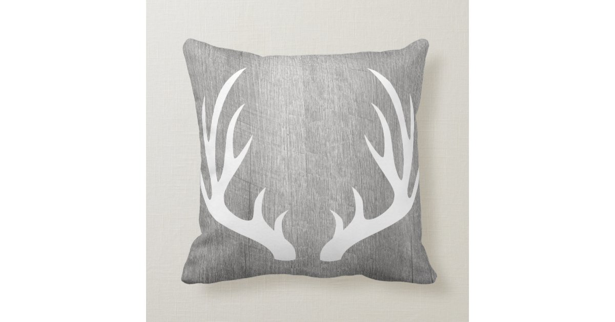 Light Grey Wood White Deer Antlers Throw Pillow
