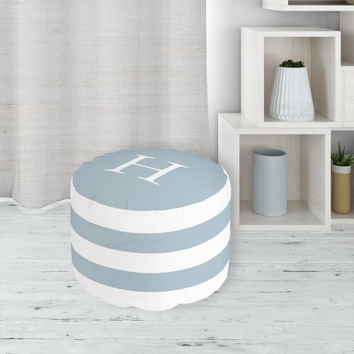 Light Harbor Blue and White Stripe Monogram Pouf