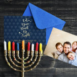 Light Heart Menorah Personalized Hanukkah Photo Foil Holiday Card<br><div class="desc">This blue card with menorah pattern sets off the gold foil 'Let your heart be light' and can be personalized with any names or message. The reverse features your full size photo.</div>