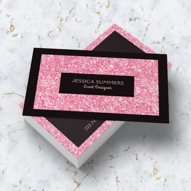 Light Hot Pink Glitter Print Black Accent Business Card (Creator Uploaded)