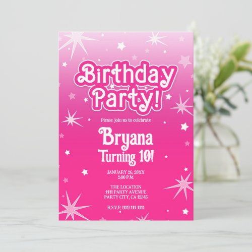 Light  Hot Pink Sparkle Stars Birthday Party Invitation