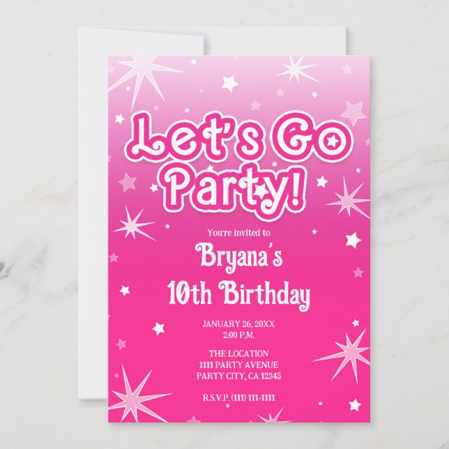 Light & Hot Pink Sparkle Stars Let's Go Party Invitation (Front)