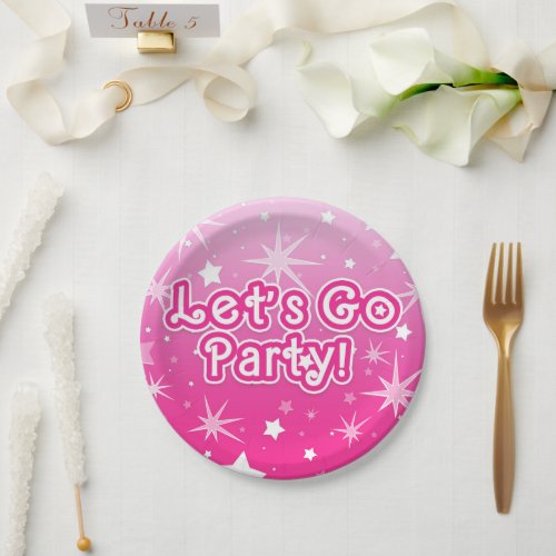 Light  Hot Pink Sparkle Stars Lets Go Party Paper Plates