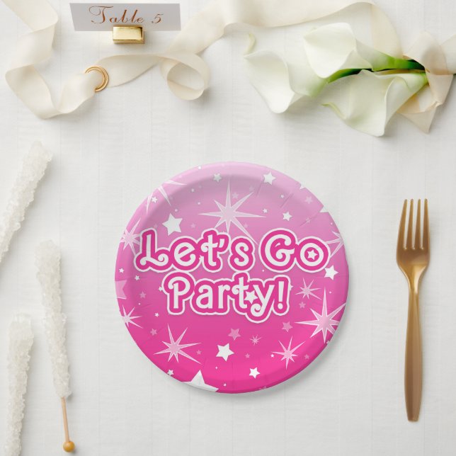 Light & Hot Pink Sparkle Stars Let's Go Party Paper Plates (Wedding)