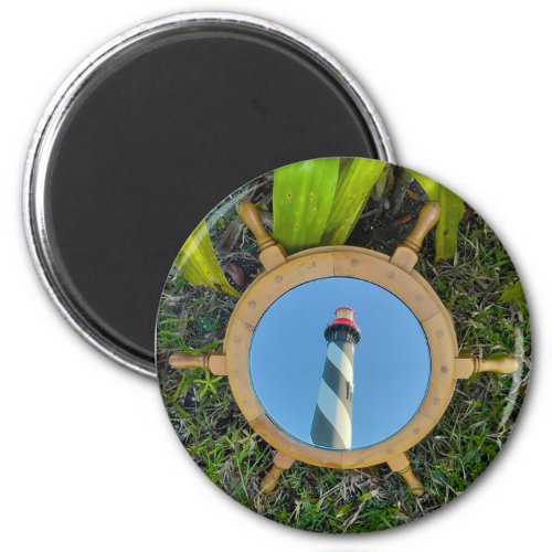 Light House in Ship Wheel Mirror Magnet