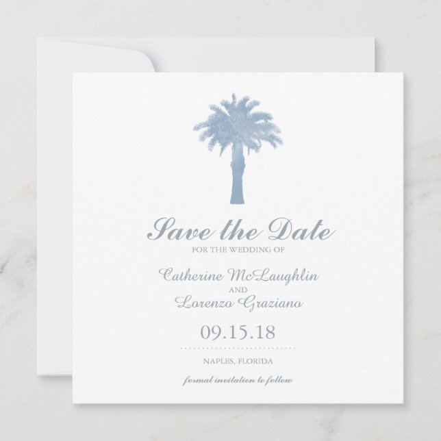 Light Hydrangea Blue Palm Tree Watercolor Wedding Save The Date (Front)