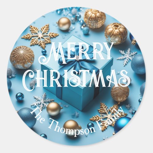 Light Ice Blue and Gold Wrapped Christmas Gifts  Classic Round Sticker