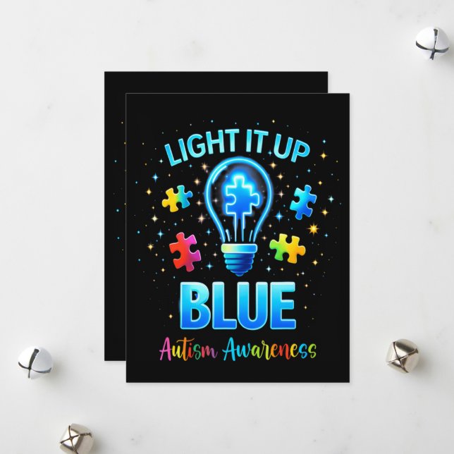 Light It Up Blue Autistic Autism Awareness Holiday Card (Front/Back In Situ)