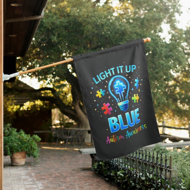 Light It Up Blue Autistic Autism Awareness House Flag (In SItu)