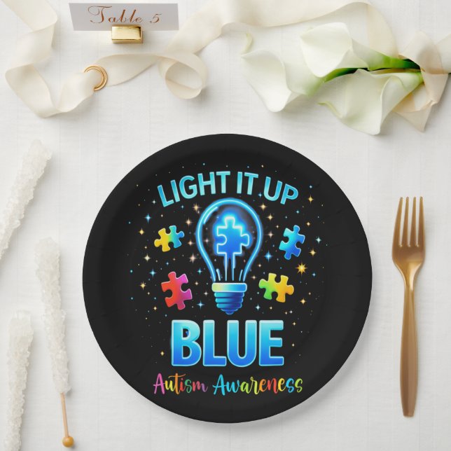 Light It Up Blue Autistic Autism Awareness Paper Plates (Wedding)