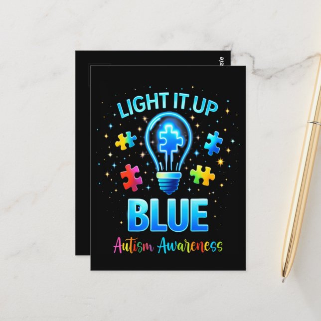 Light It Up Blue Autistic Autism Awareness Postcard (Front/Back In Situ)