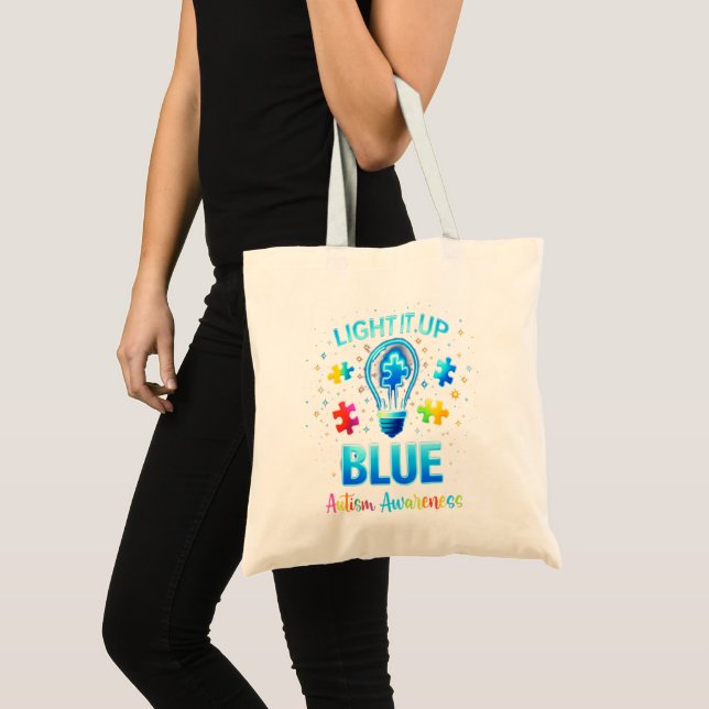 Light It Up Blue Autistic Autism Awareness Tote Bag (Front (Product))