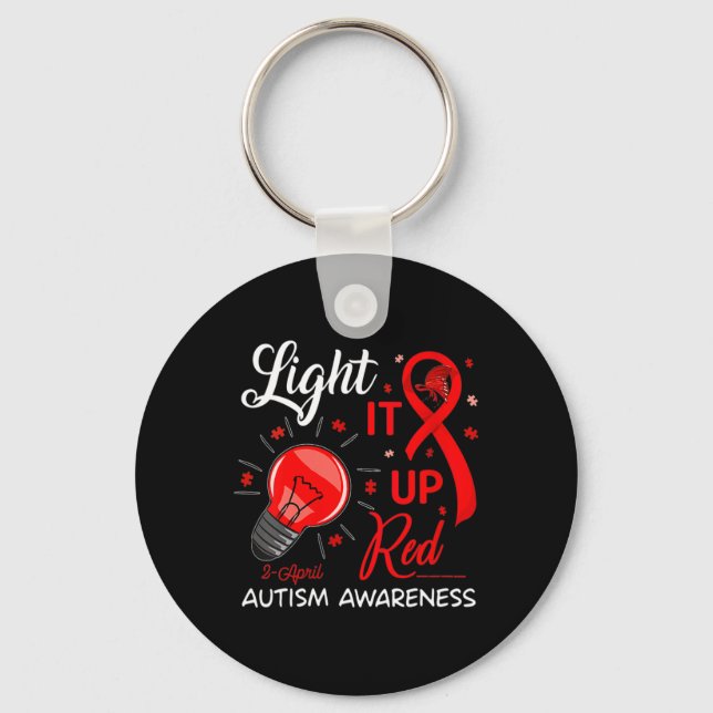 Light It Up Red Autism Awareness Ribbon Puzzle Pie Keychain (Front)