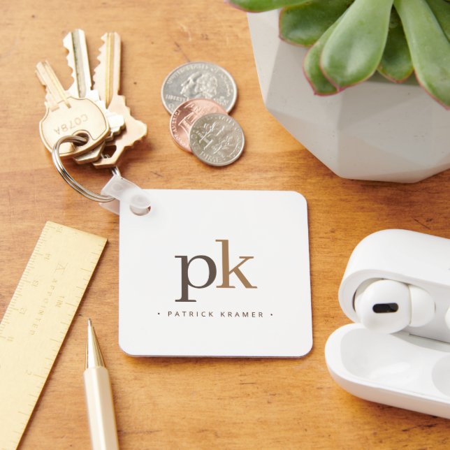 Light Khaki Brown Minimalist Monogram Keychain (Desk)