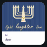 Light Laughter Love Hanukkah Gift Tag<br><div class="desc">Blue stripes and a golden menorah form the background of this holiday gift tag,  with the festive message "love laughter light" in modern gold script. Customize your own "to" & "from" message on the bottom. There are matching Hanukkah/Chanukkah cards and envelopes available in my store.</div>