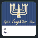 Light Laughter Love Hanukkah Gift Tag<br><div class="desc">Blue stripes and a golden menorah form the background of this holiday gift tag,  with the festive message "love laughter light" in modern gold script. Customize your own "to" & "from" message on the bottom. There are matching Hanukkah/Chanukkah cards and envelopes available in my store.</div>
