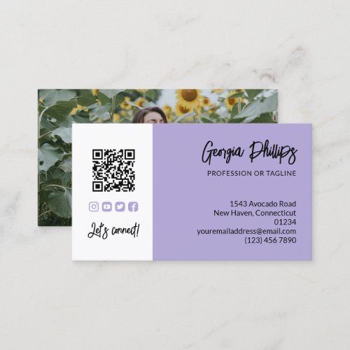 Light Lavender QR Code Photo Social Media Icons Business Card