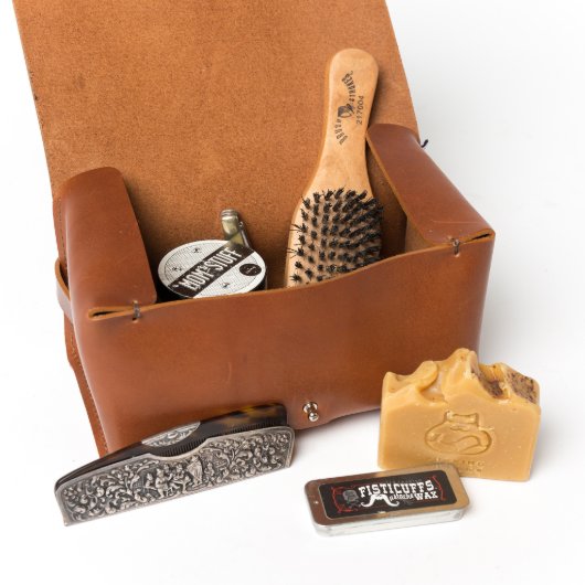 Light Leather Toiletry Kit with Monogrammed Handle (Open)