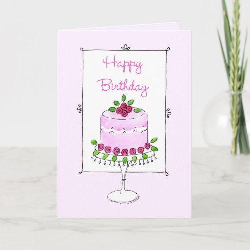 Light  Lovely Birthday Cake with Roses Birthday Card