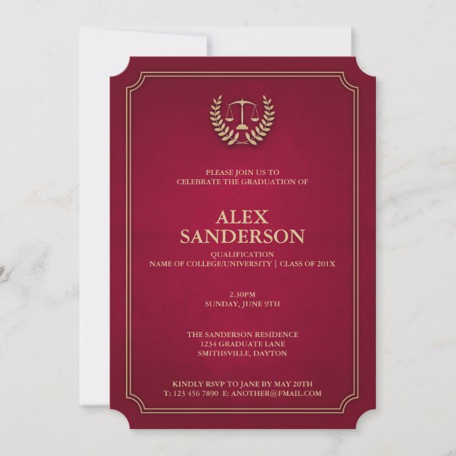 Light Maroon and Gold Law School Graduation Invitation (Front)