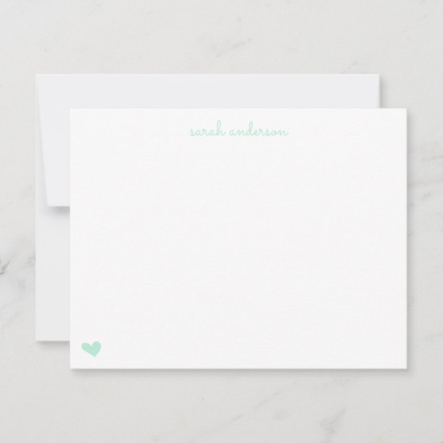Light Mint Doodle Heart Personalized Stationery Note Card (Front)