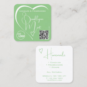 Light Mint Green Calligraphy Heart Logo QR Code Square Business Card