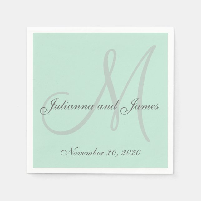 Light Mint Green Colored Monogram Paper Napkins (Front)