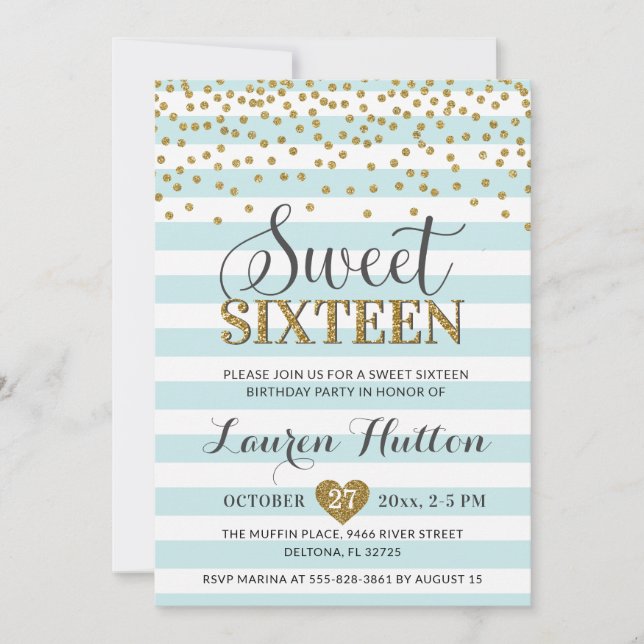 Light Mint Green Gold Sweet Sixteen Party Birthday Invitation (Front)