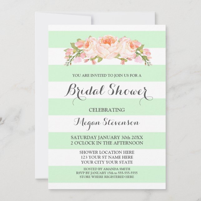 Light Mint Stripes Watercolor Floral Bridal Shower Invitation (Back)