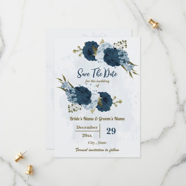 light &navy blue flowers botanical wedding save the date (Front/Back In Situ)